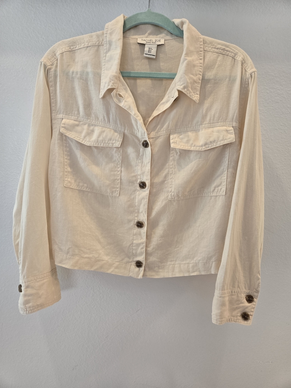 Rachel Zoe Cream Button-Front Utility Shirt Jacket Linen 100% Size Small